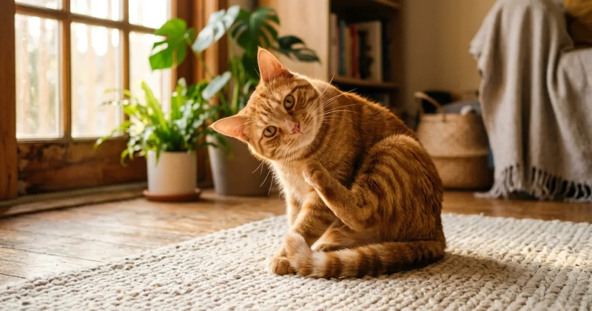 A ginger tabby cat pauses while grooming itself on a cozy living room rug, looking up with an expressive expression.