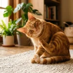 A ginger tabby cat pauses while grooming itself on a cozy living room rug, looking up with an expressive expression.