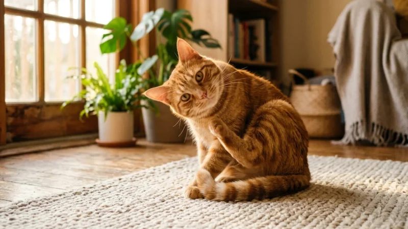 A ginger tabby cat pauses while grooming itself on a cozy living room rug, looking up with an expressive expression.