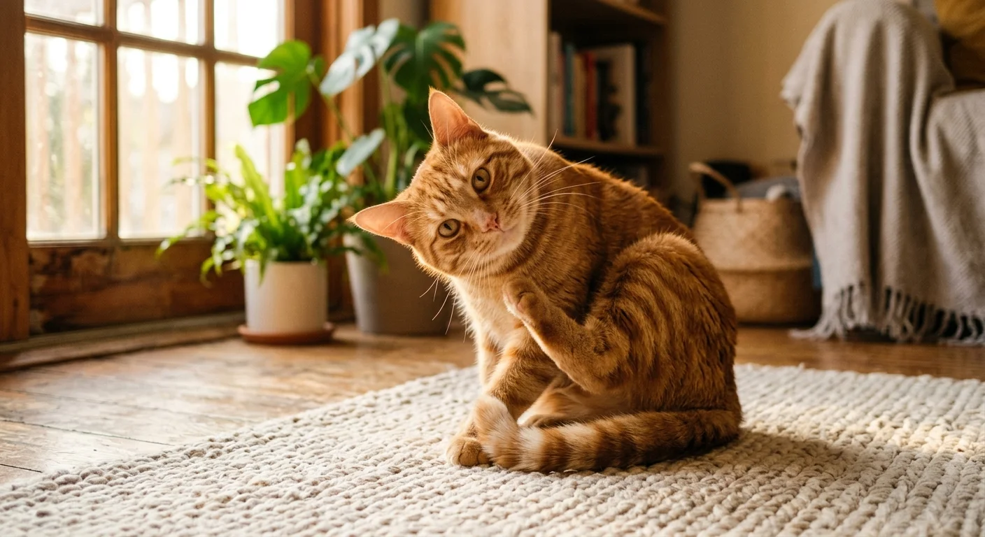 A ginger tabby cat pauses while grooming itself on a cozy living room rug, looking up with an expressive expression.