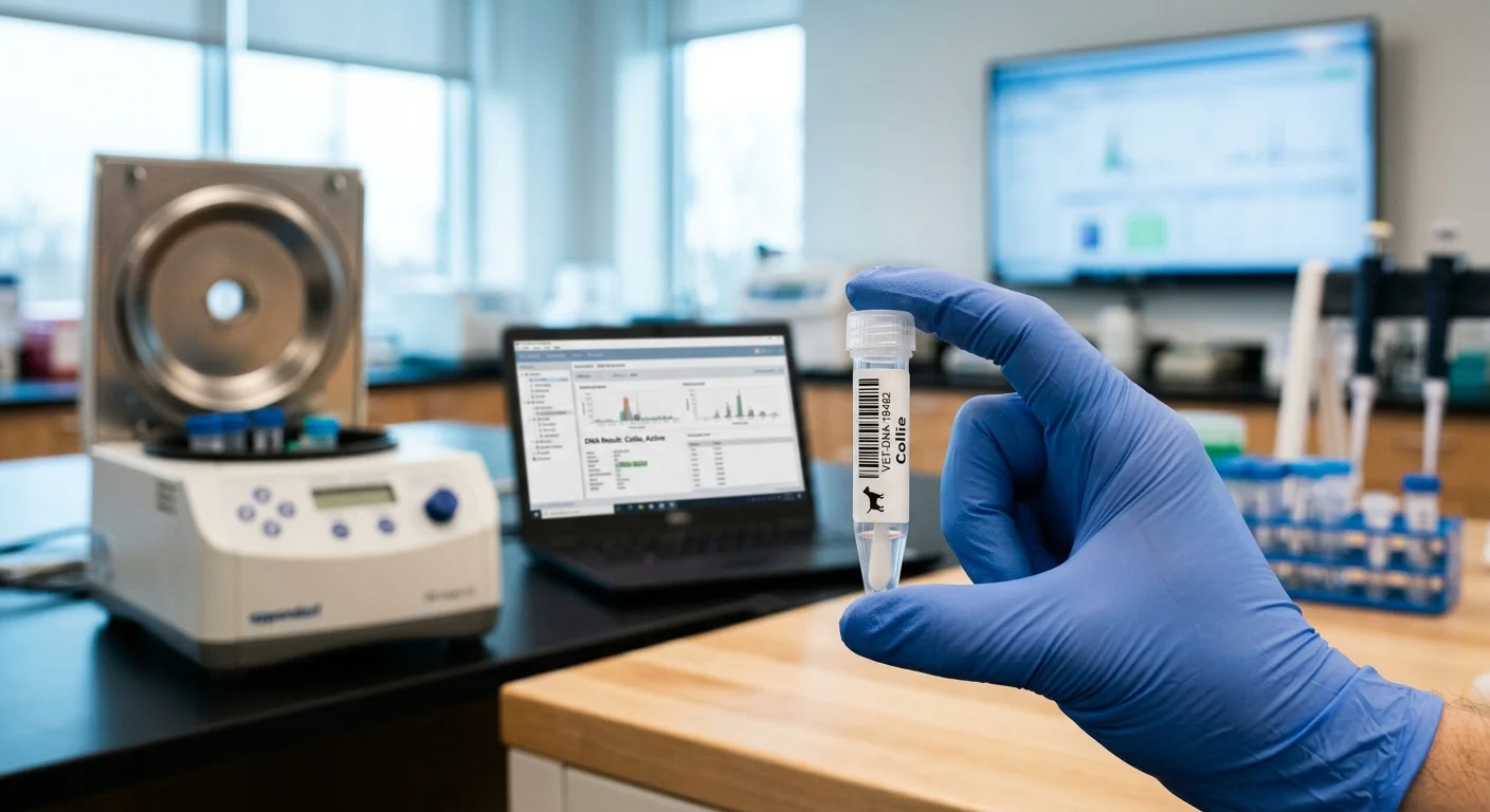A gloved hand holding a DNA cheek swab vial labeled for genetic canine testing.