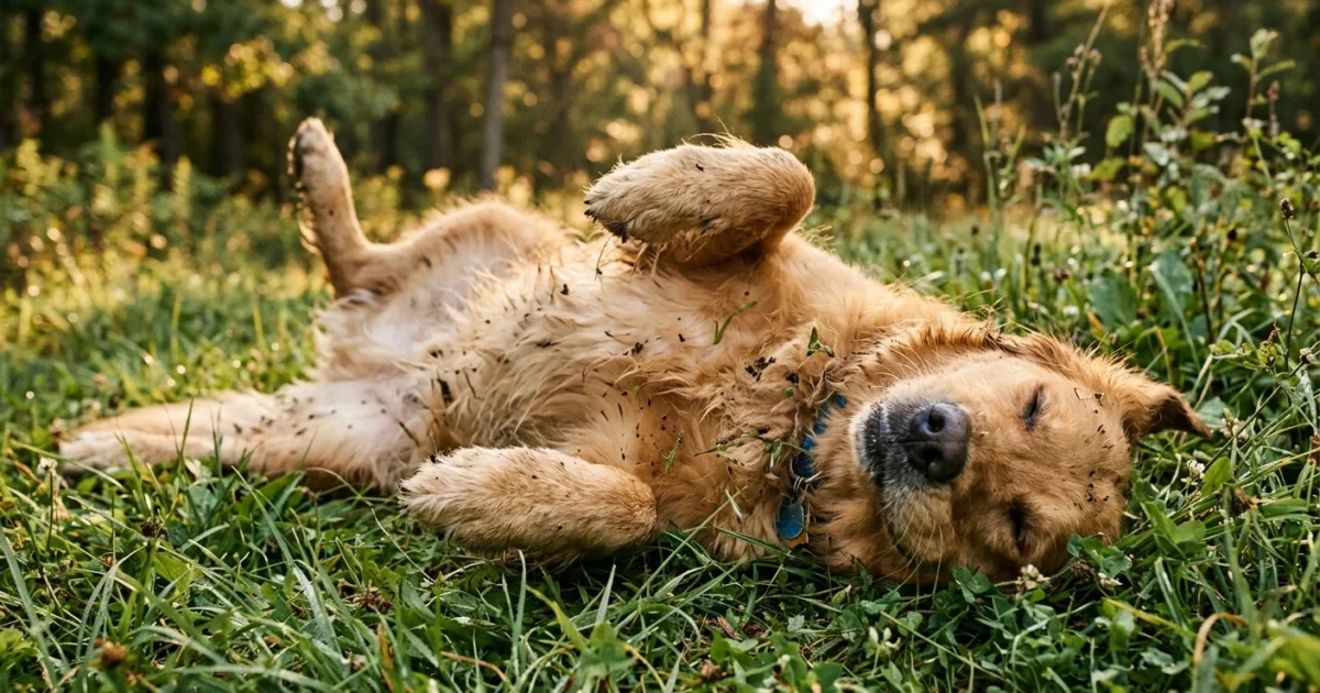 A Golden Retriever joyfully rolls on its back in a sunny grass field, with bits of dirt stuck to its fur.