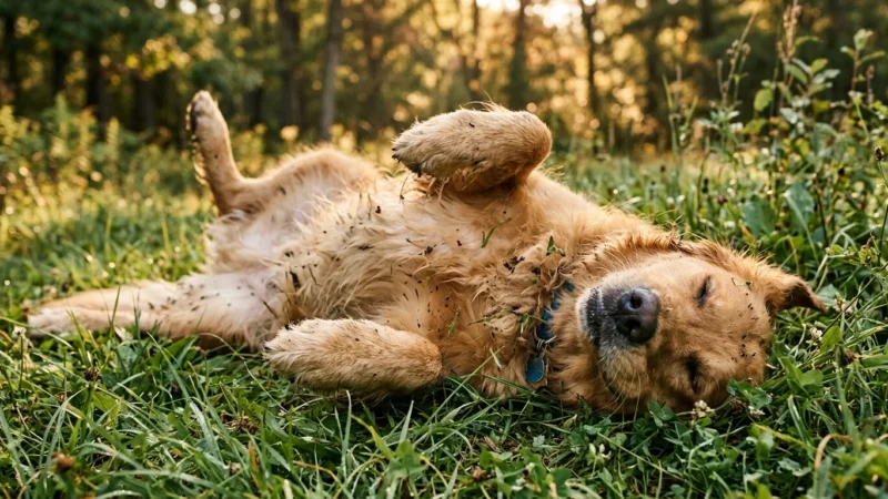 A Golden Retriever joyfully rolls on its back in a sunny grass field, with bits of dirt stuck to its fur.
