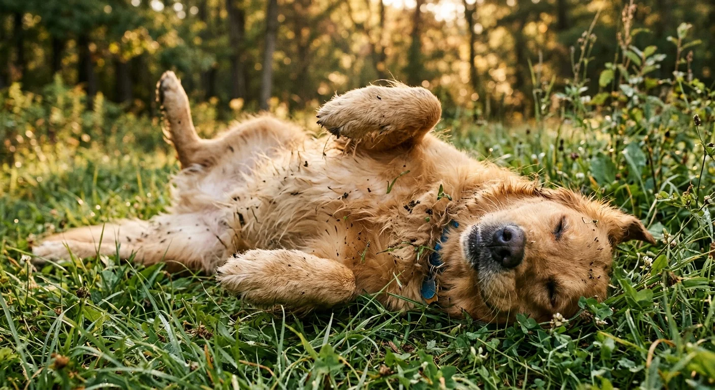 A Golden Retriever joyfully rolls on its back in a sunny grass field, with bits of dirt stuck to its fur.