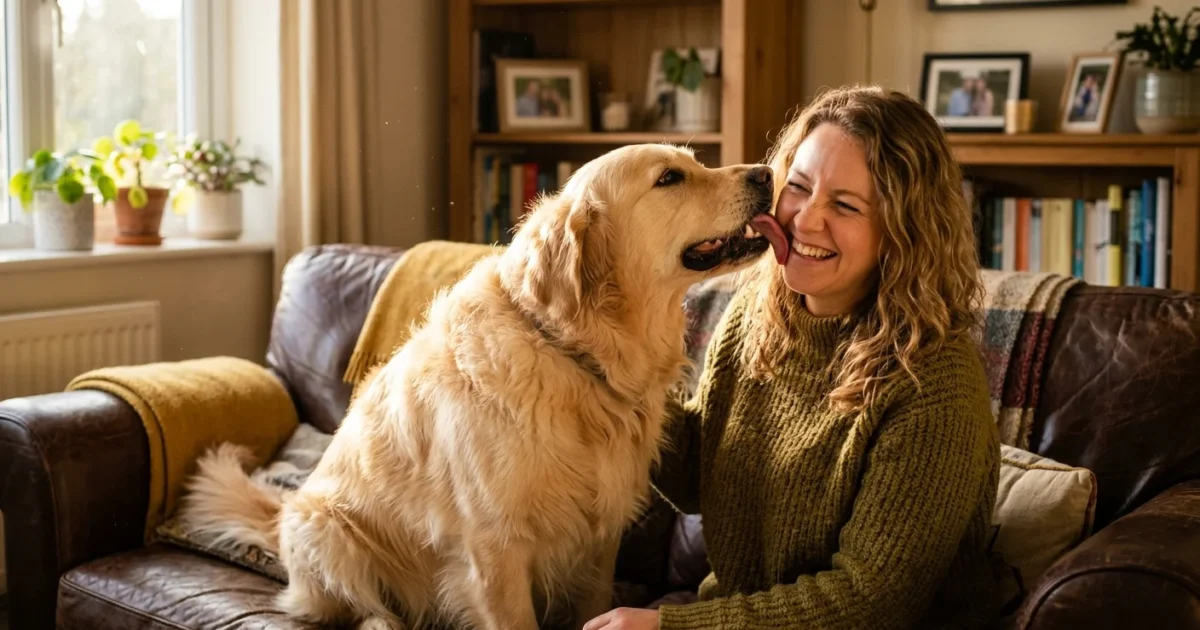 A golden retriever leans in to lick its laughing owner on a sunlit leather couch, capturing a playful moment of unexpected bad breath.