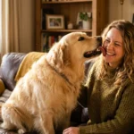 A golden retriever leans in to lick its laughing owner on a sunlit leather couch, capturing a playful moment of unexpected bad breath.