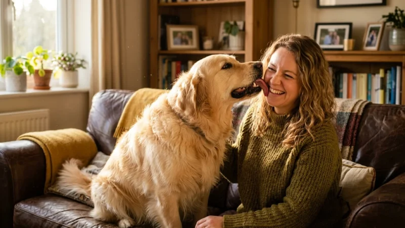 A golden retriever leans in to lick its laughing owner on a sunlit leather couch, capturing a playful moment of unexpected bad breath.