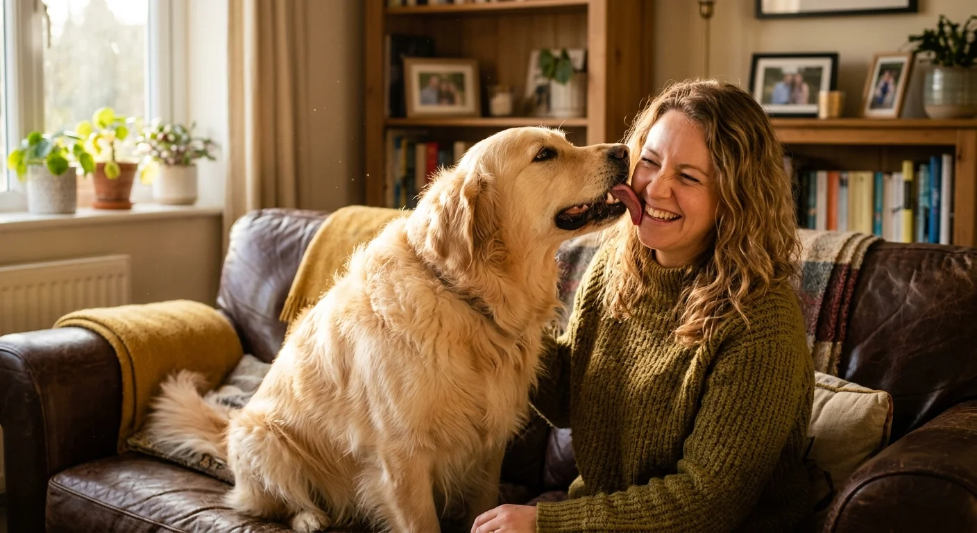 A golden retriever leans in to lick its laughing owner on a sunlit leather couch, capturing a playful moment of unexpected bad breath.