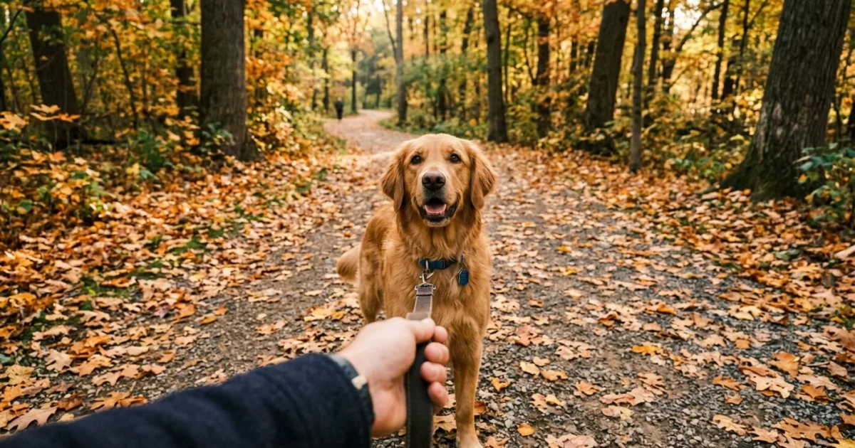A golden retriever looking up trustingly at its owner's face during a walk on a leafy autumn path.