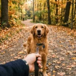 A golden retriever looking up trustingly at its owner's face during a walk on a leafy autumn path.