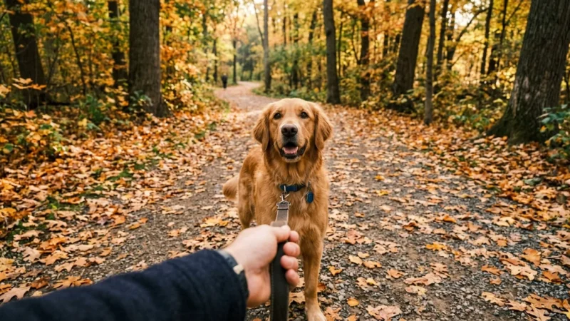 A golden retriever looking up trustingly at its owner's face during a walk on a leafy autumn path.
