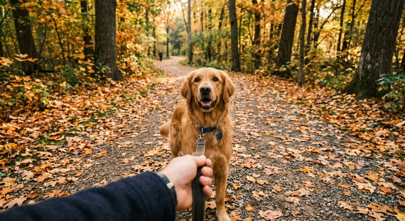 A golden retriever looking up trustingly at its owner's face during a walk on a leafy autumn path.