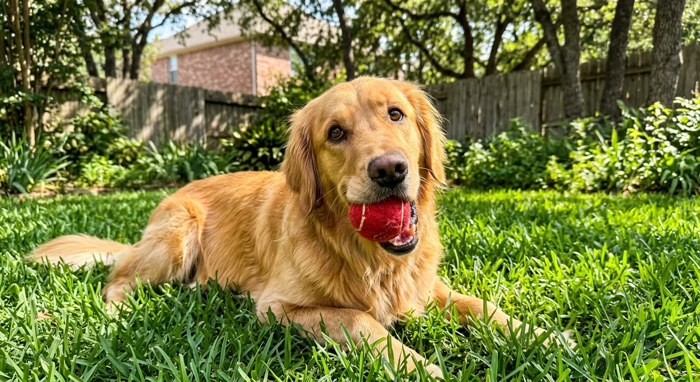 A golden retriever lying happily in the grass with a tennis ball in its mouth.