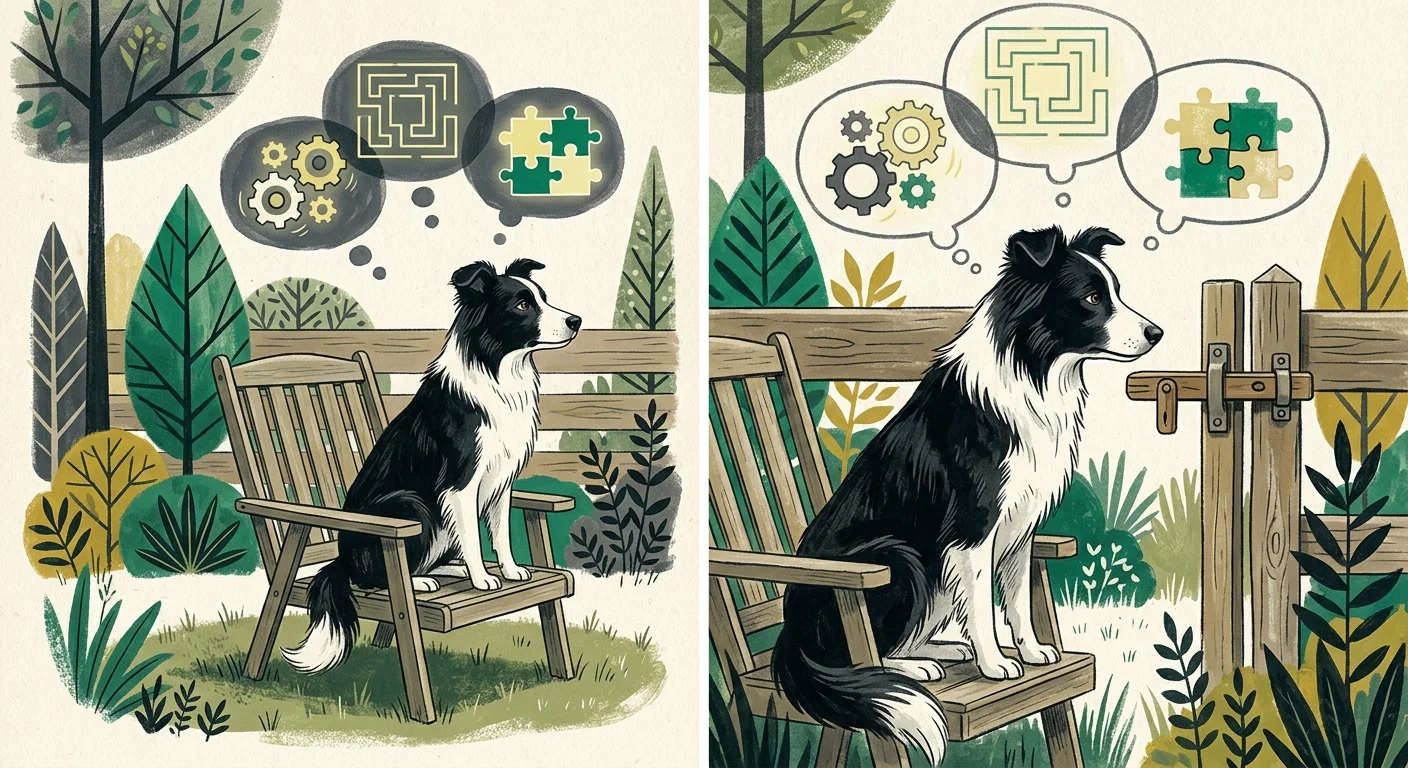 A gouache illustration of a Border Collie sitting on a chair and studying a gate latch with puzzle icons floating above its head.