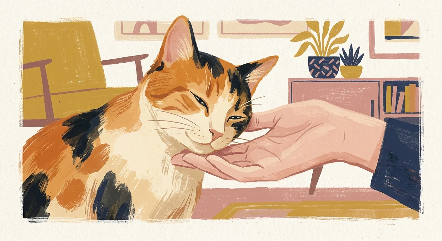 A gouache illustration of a calico cat doing a slow blink and headbutting a human hand in trust.