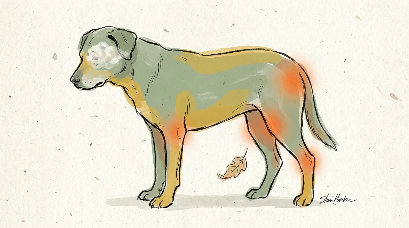 A gouache illustration of an aging dog with soft symbolic representations of sensory and joint changes.