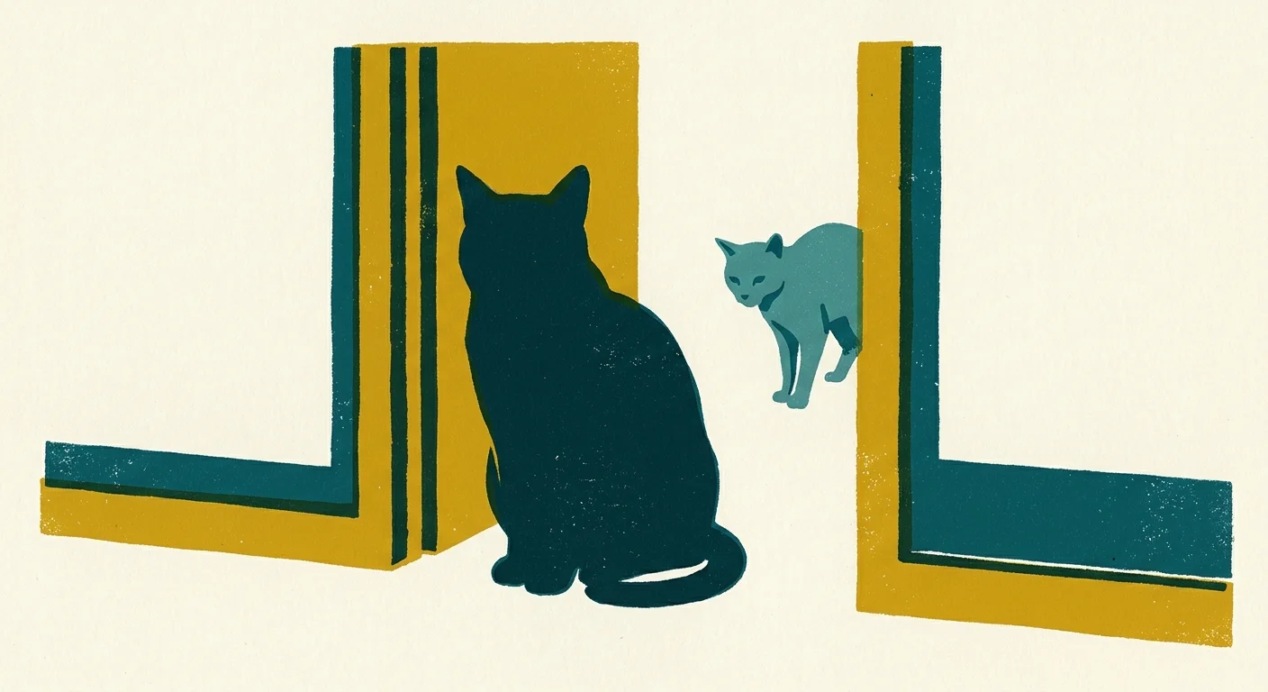 A graphic illustration of one cat sitting in a doorway, subtly blocking another cat from entering, representing covert bullying.