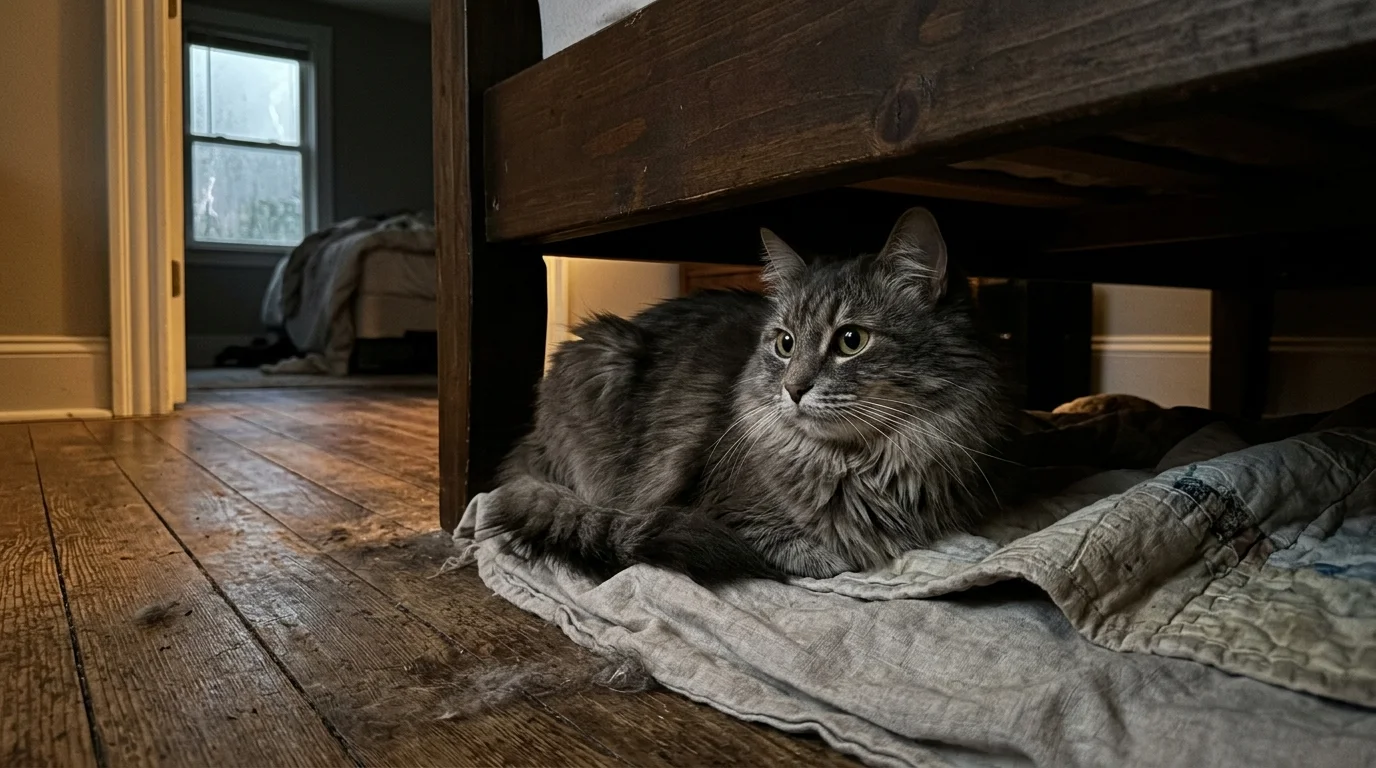 A gray longhair cat seeking comfort and hiding under a bed during a thunderstorm.