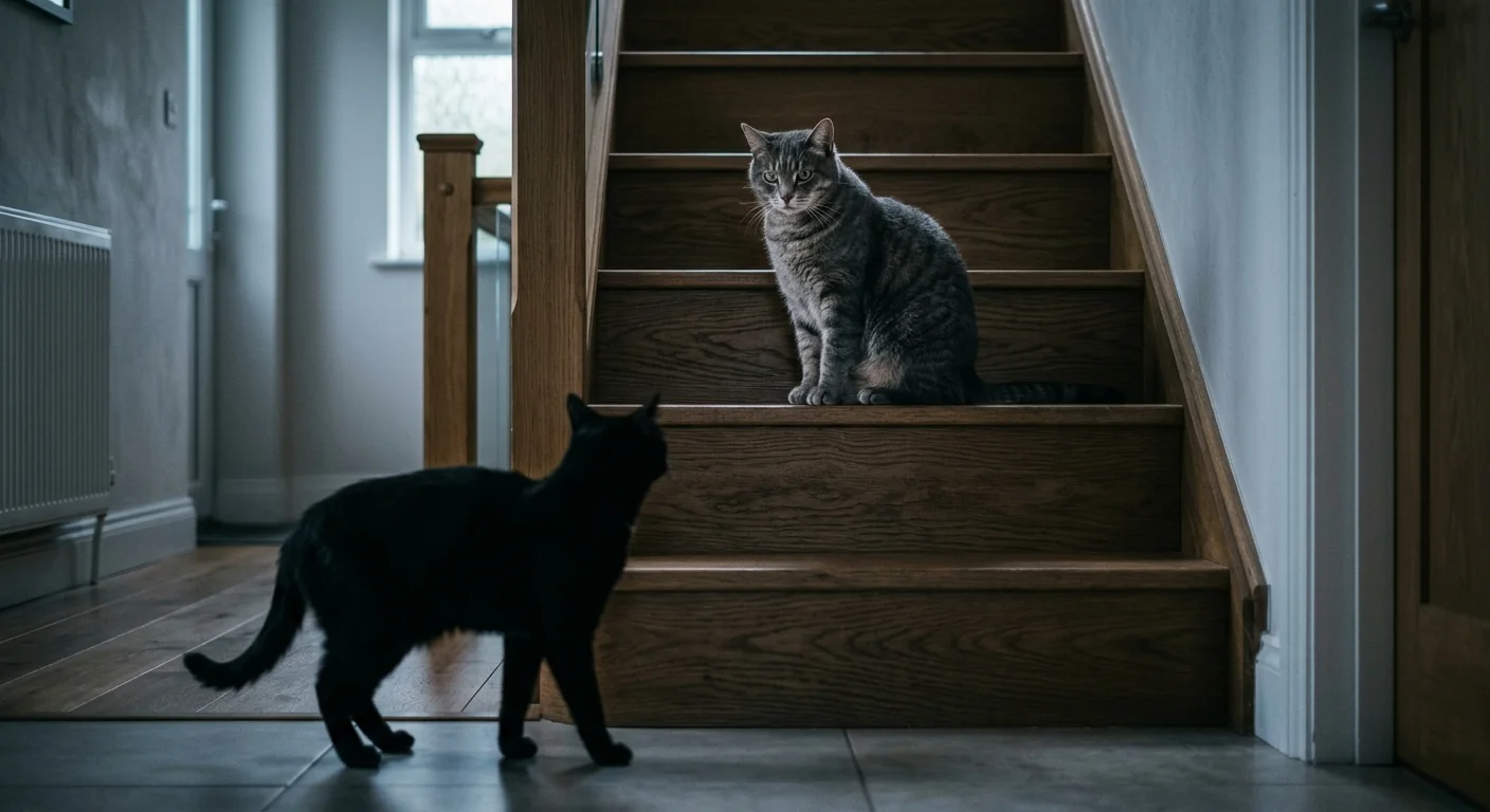 A grey cat sits on a staircase, physically blocking a black cat that stands hesitantly at the bottom of the steps.