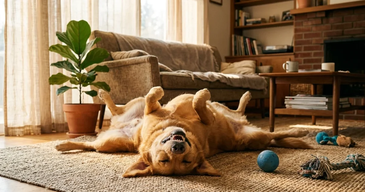 A golden dog lies upside down on a living room rug with paws in the air, next to a blue ball and chew toys.