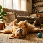 A golden dog lies upside down on a living room rug with paws in the air, next to a blue ball and chew toys.