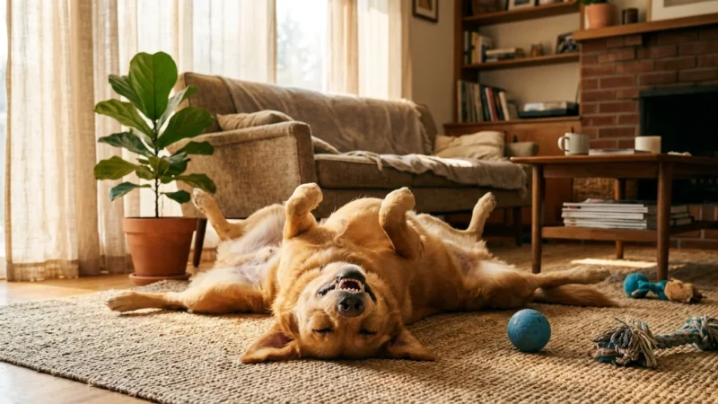 A golden dog lies upside down on a living room rug with paws in the air, next to a blue ball and chew toys.