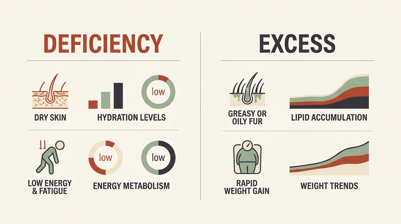 A horizontal comparison dashboard infographic dividing pet dietary fat signs into 'Deficiency' and 'Excess' categories.
