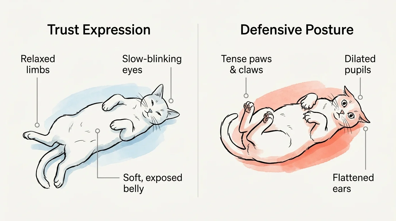 A horizontal comparison diagram showing the distinct body language of a relaxed trusting cat versus a defensive, tense cat.