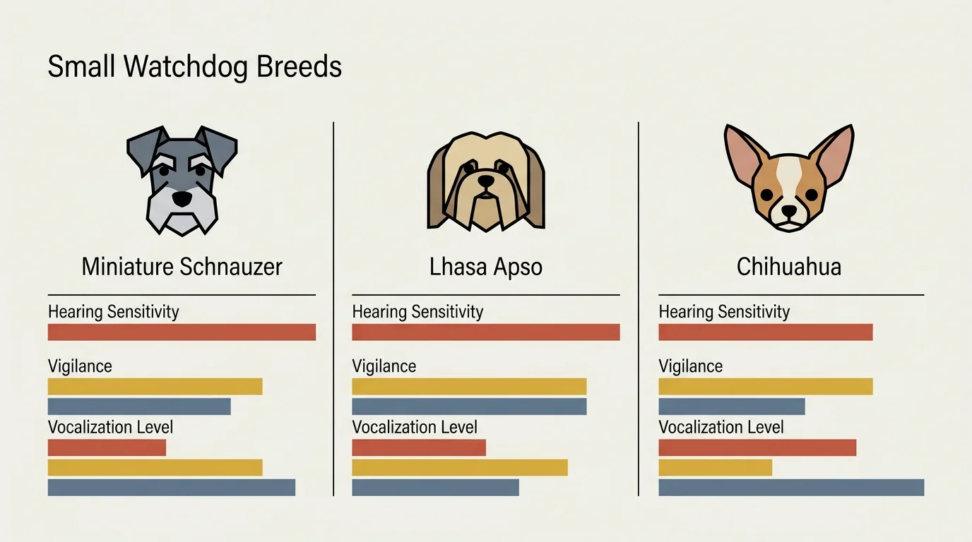 A horizontal comparison infographic showing the relative hearing, vigilance, and vocalization traits of three small watchdog breeds.