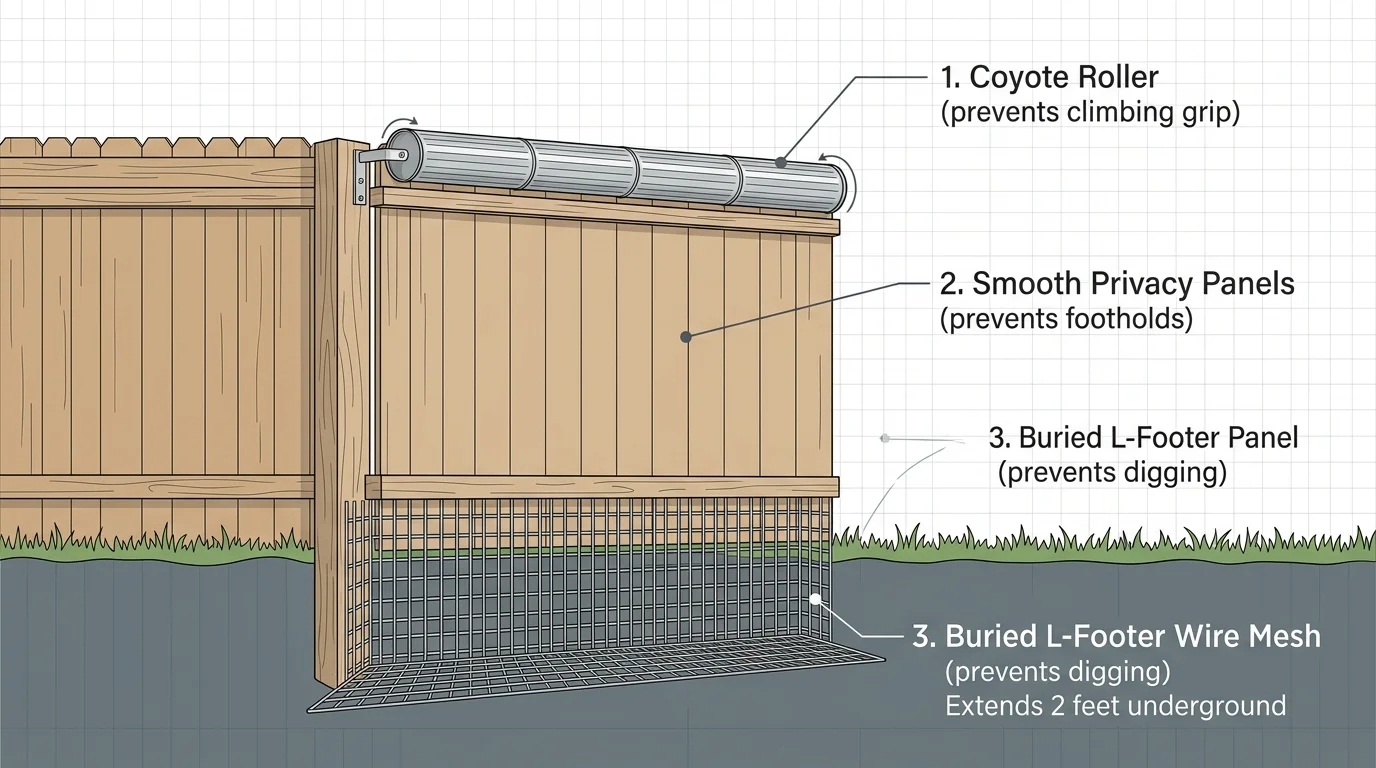 A horizontal cross-section diagram illustrating fence upgrades: coyote rollers, smooth panels, and buried L-footer wire.