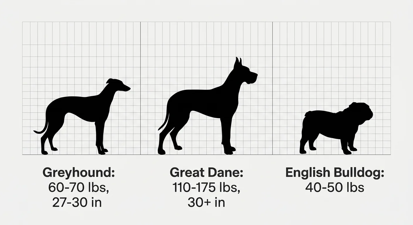 A horizontal data chart comparing the weights and heights of a Greyhound, Great Dane, and English Bulldog.