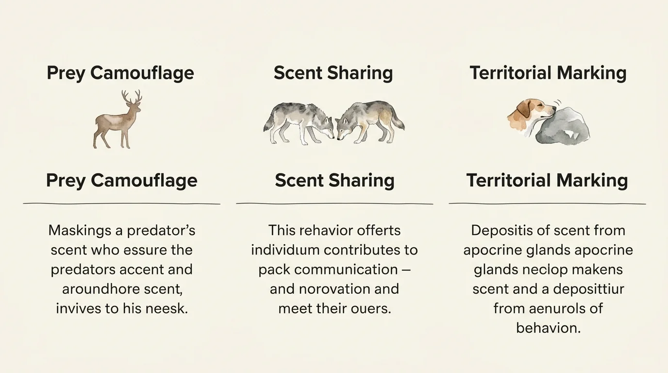 A horizontal infographic comparing prey camouflage, scent sharing, and territorial marking as triggers for scent rolling.