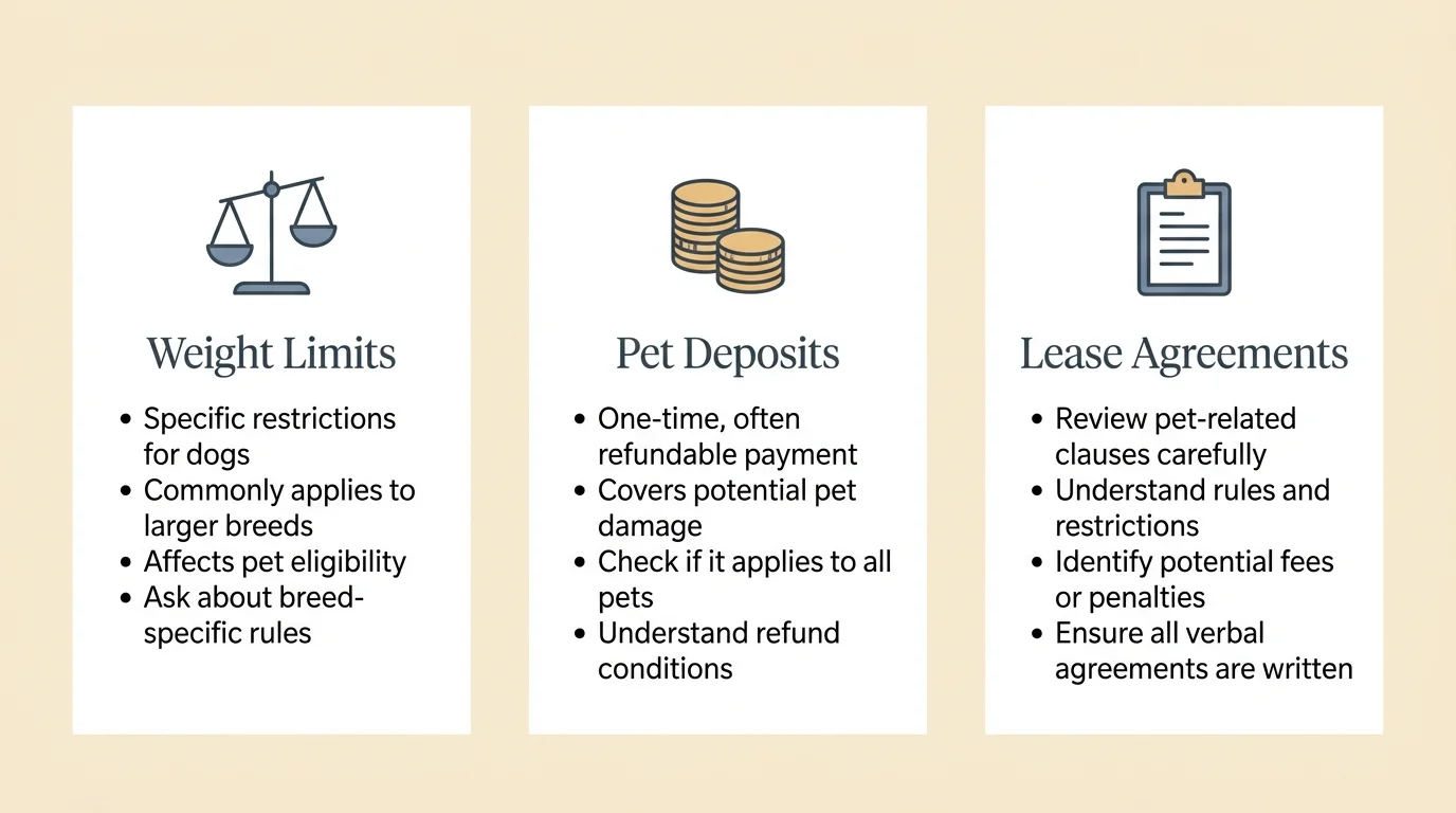A horizontal minimalist infographic checklist highlighting weight limits, pet deposits, and lease agreements.