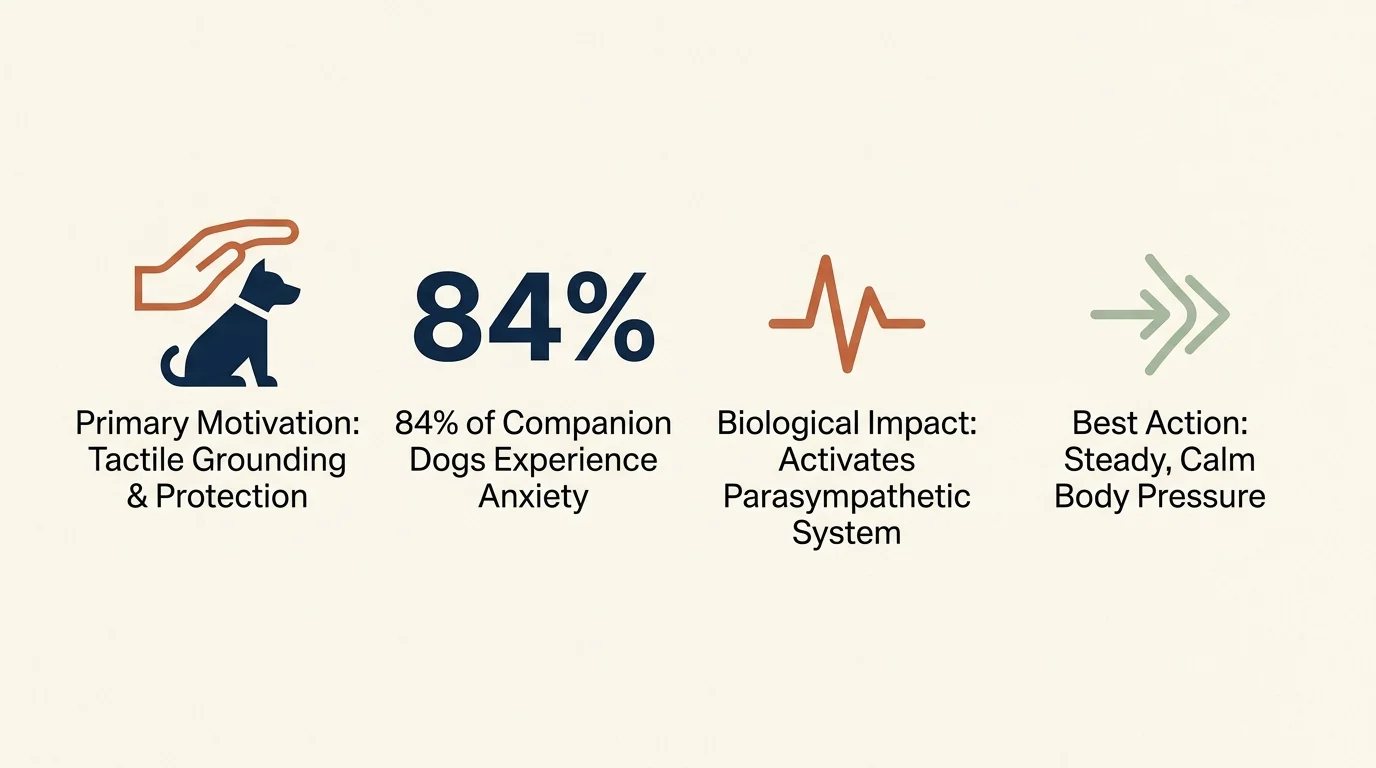 A horizontal minimalist infographic outlining the four key takeaways of canine anxiety and physical leaning behavior.