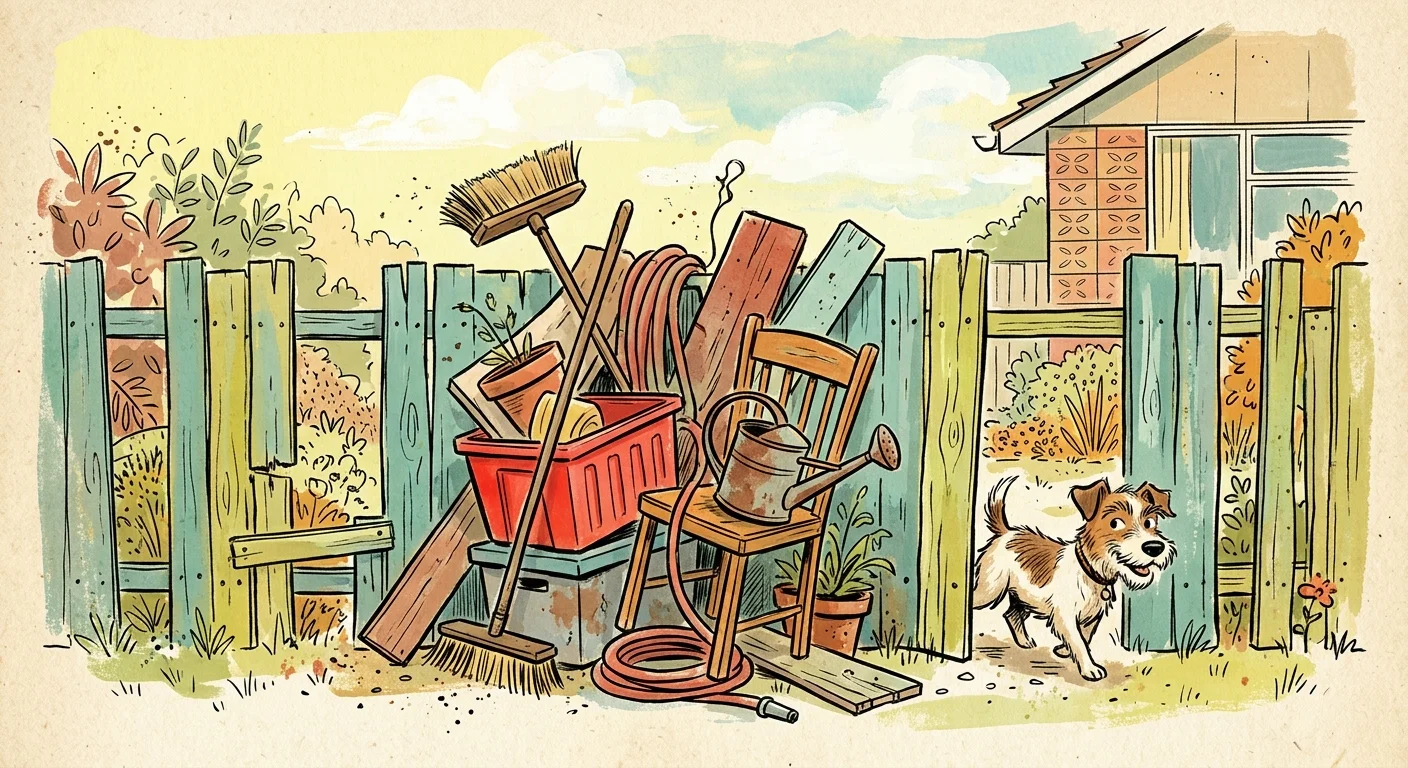 A humorous gouache illustration of a dog easily bypassing a poorly made fence barrier made of stacked household items.