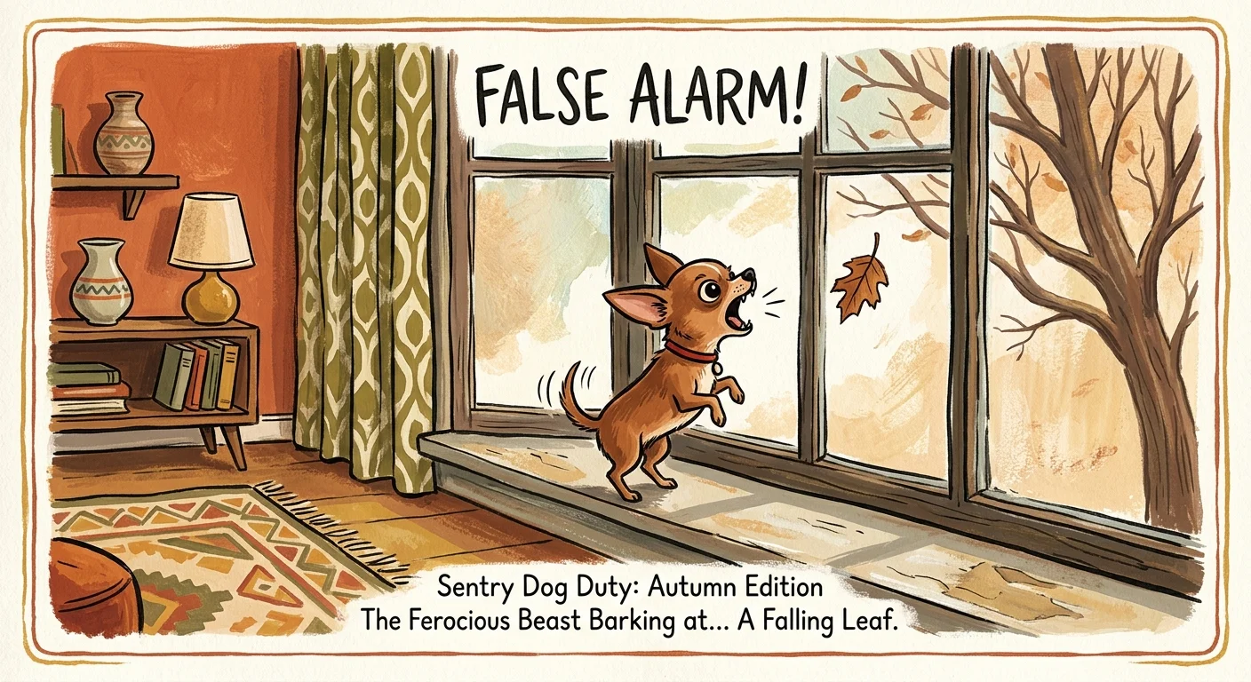 A humorous illustration of a tiny Chihuahua barking intensely out a window at a single falling autumn leaf.