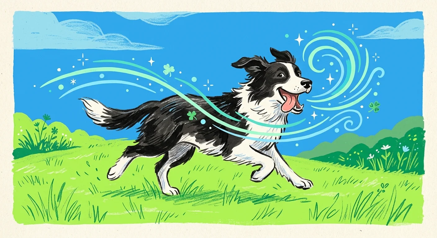 A joyful illustration of a border collie running through a green field with fresh, mint-colored wind swirling around its face.
