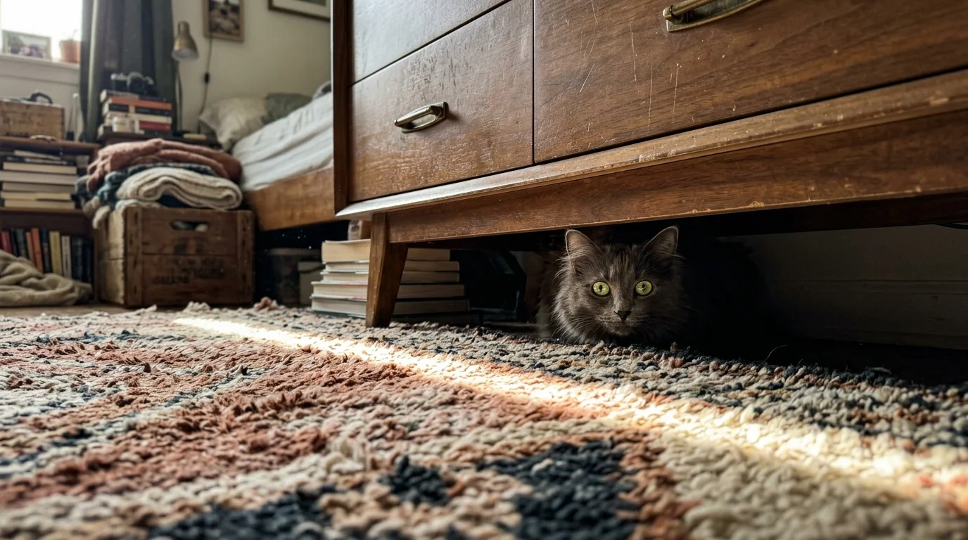 A low-angle photograph of a grey cat peeking out from under a wooden dresser in a sunlit bedroom.
