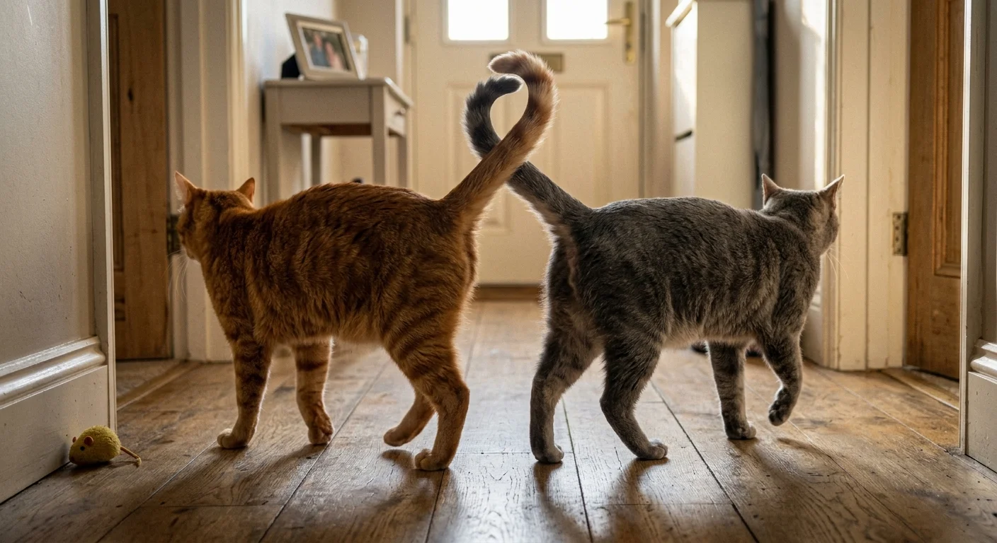 A low-angle snapshot of two cats walking side-by-side with their tails raised and gently intertwined at the tips.
