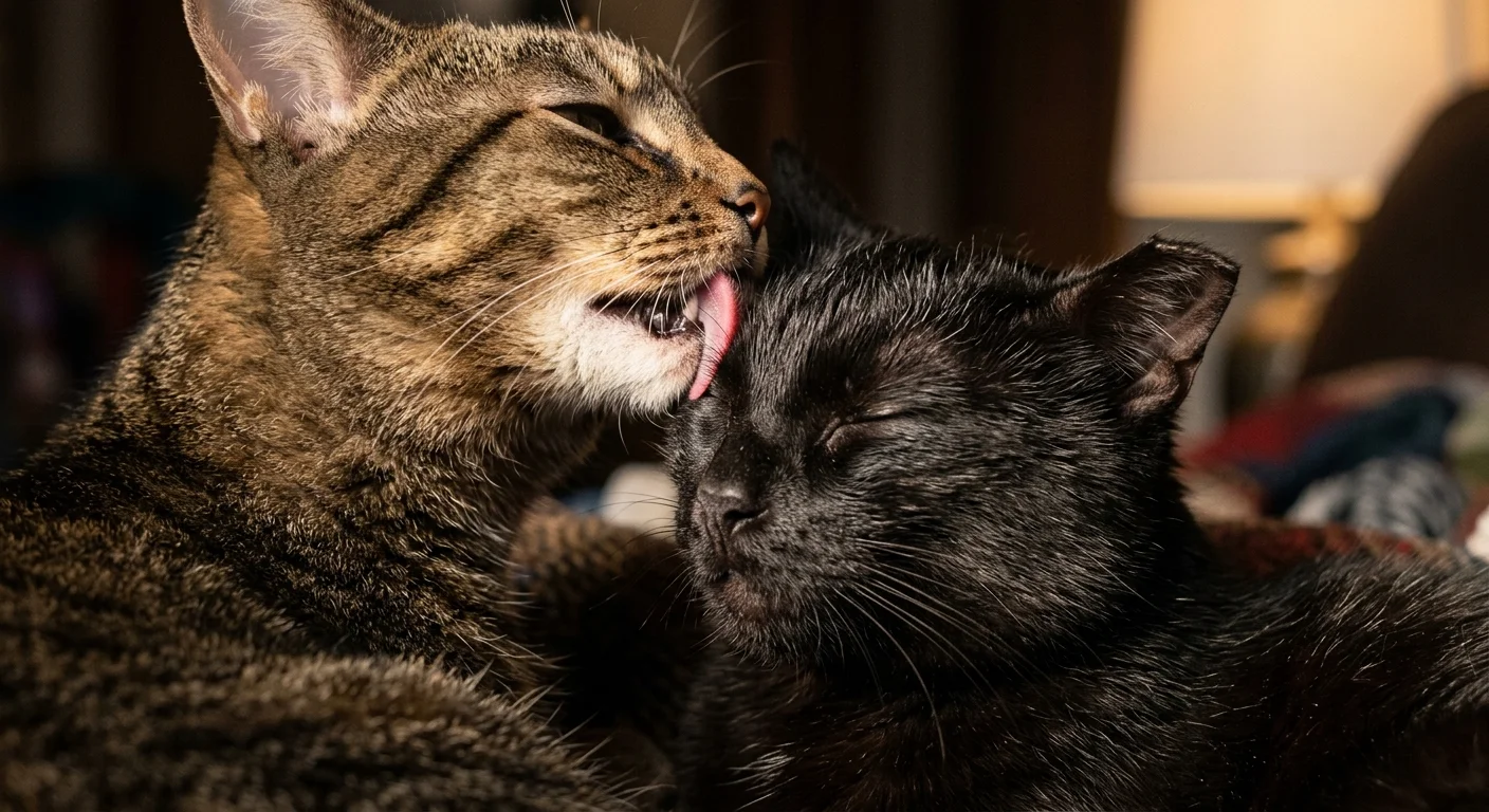A macro close-up of a brown tabby cat licking the top of a black cat's head during a relaxed grooming session.