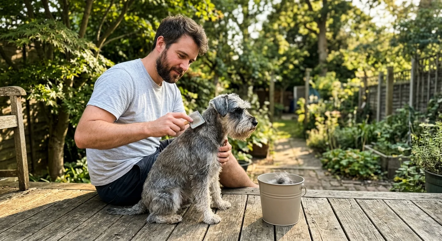 A man brushing a wire-haired dog on an outdoor wooden deck during a sunny afternoon to minimize indoor allergens.