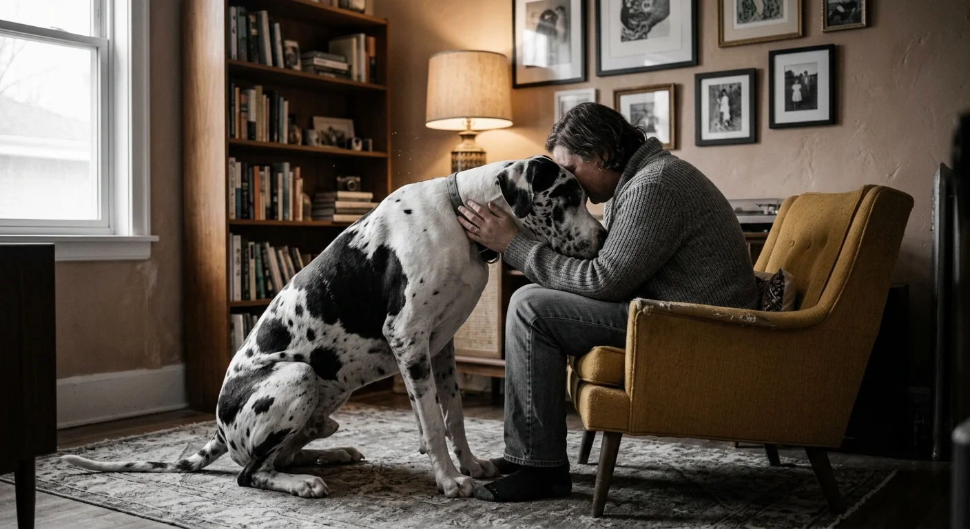 A massive harlequin Great Dane resting its head on the lap of its owner who is sitting in a small apartment armchair.