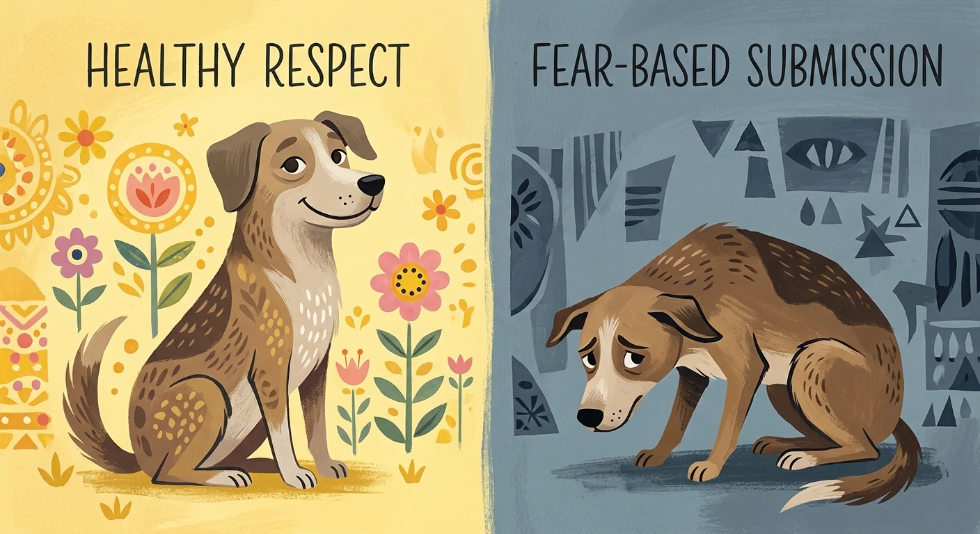 A mid-century gouache illustration comparing a relaxed dog showing healthy respect with a cowering dog showing fear-based submission.
