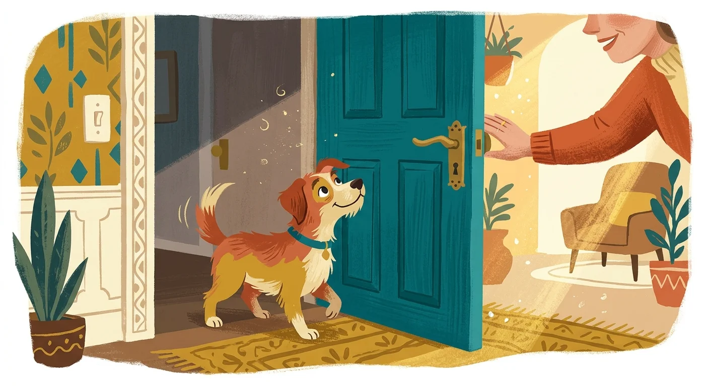 A mid-century gouache illustration of a dog waiting patiently as its owner opens a door, symbolizing cooperative leadership.