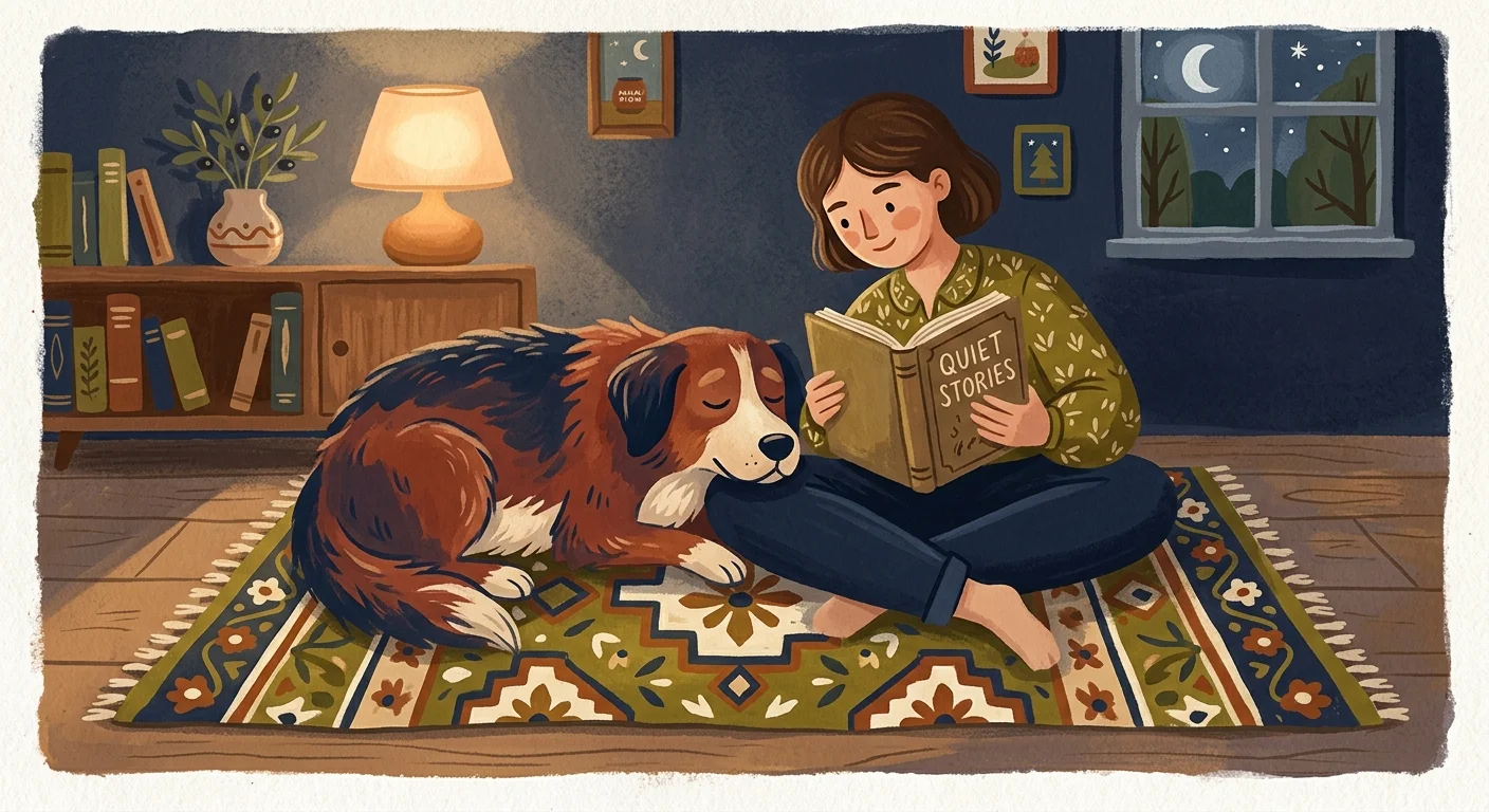 A mid-century gouache illustration of a person reading on a rug with a dog resting its head peacefully on their knee.