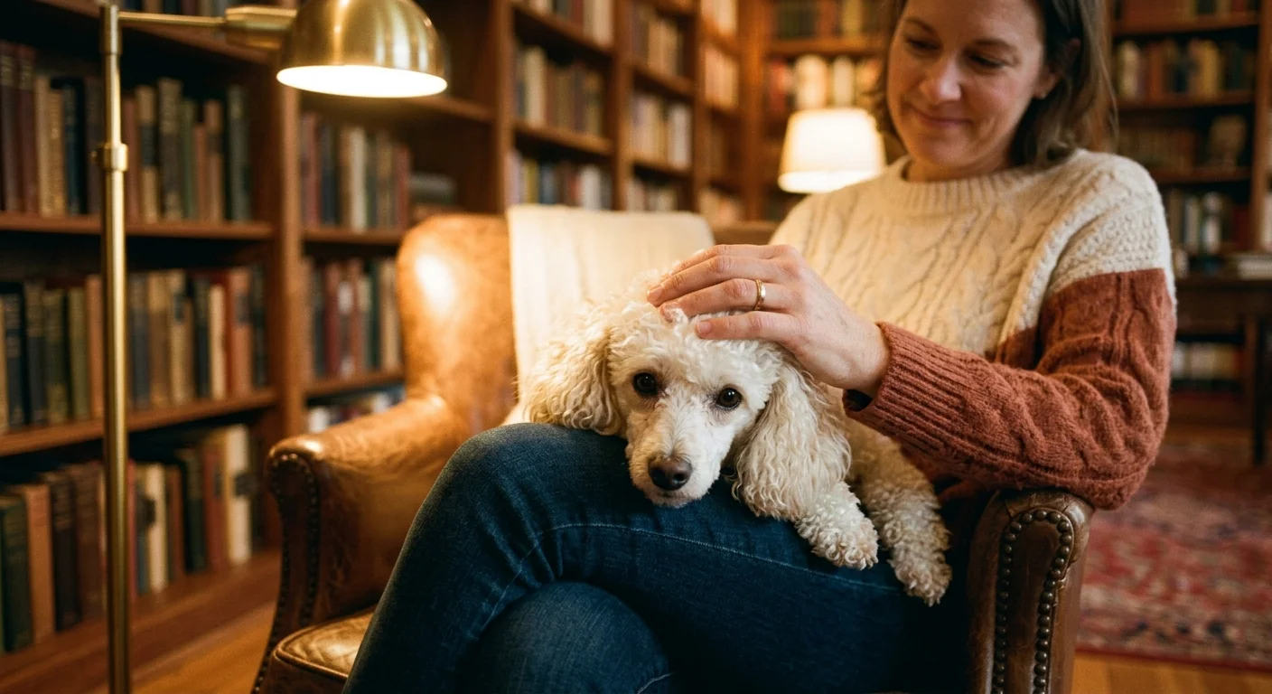 A miniature poodle resting its head on its owner's knee in a cozy, warmly lit home.