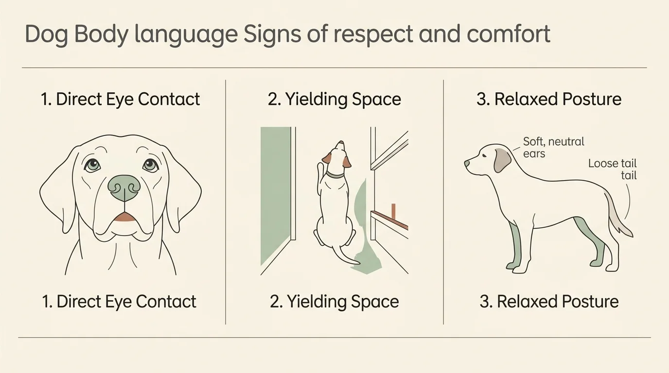 A minimalist 3-panel infographic illustrating the body language signs of canine respect, including eye contact, yielding space, and relaxed 