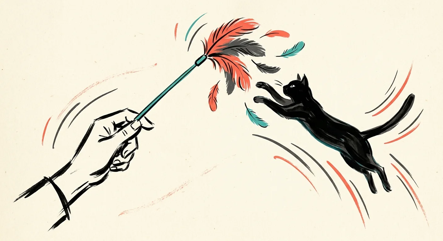 A minimalist conceptual illustration of a cat leaping to catch a colorful feather wand toy.