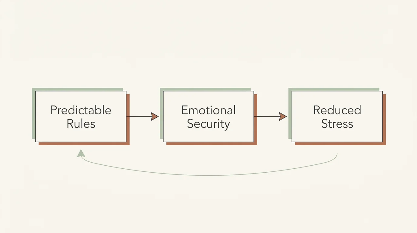 A minimalist horizontal flowchart illustrating how predictable rules lead to emotional security and reduced stress in dogs.
