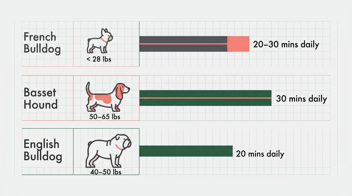 A minimalist horizontal infographic comparing weight and daily exercise times for French Bulldogs, Basset Hounds, and English Bulldogs.